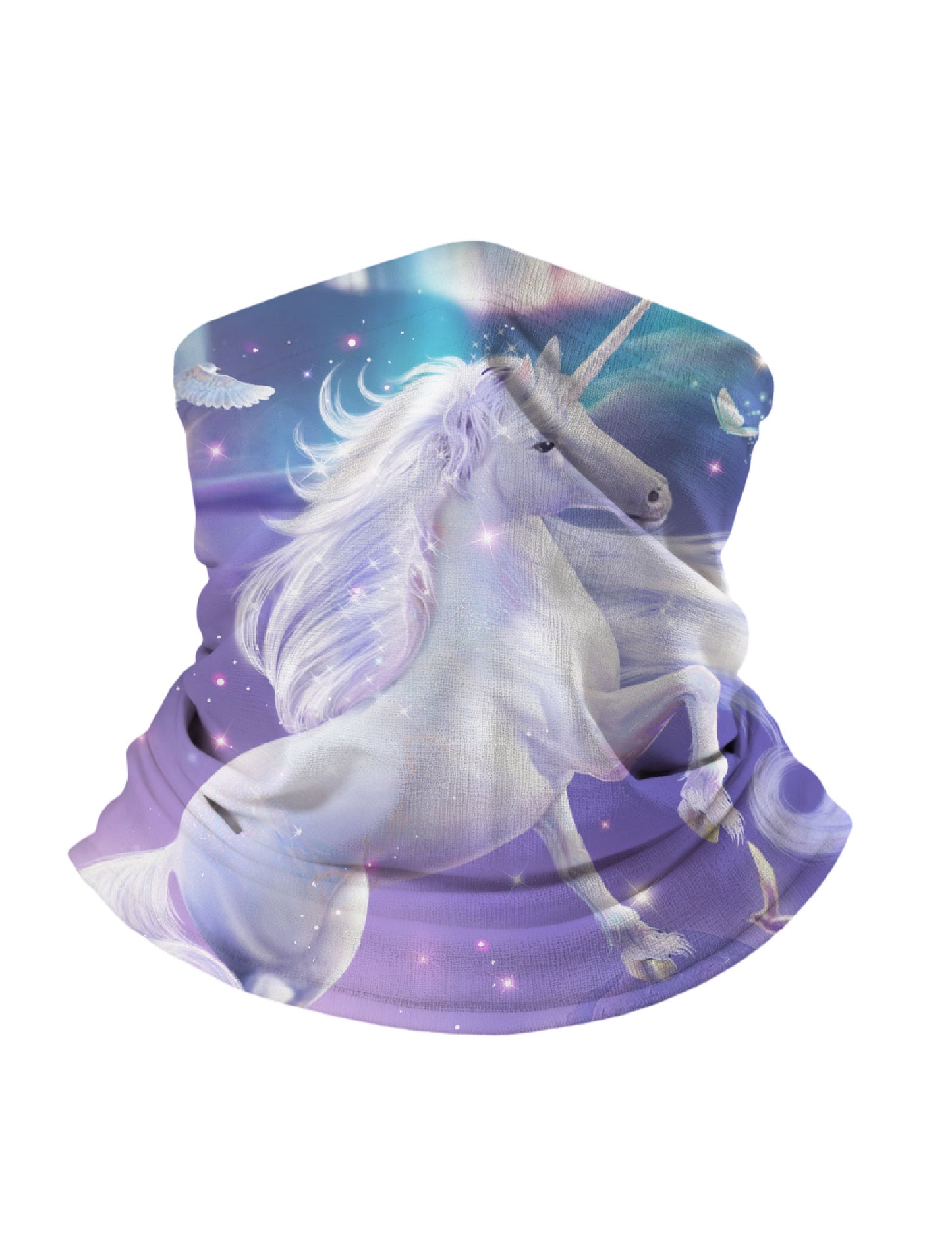 Neck Gaiter with 3D all over print featuring mystical unicorn galloping through starry nebula, Aesthetic style, unisex, soft stretchy and breathable fabric