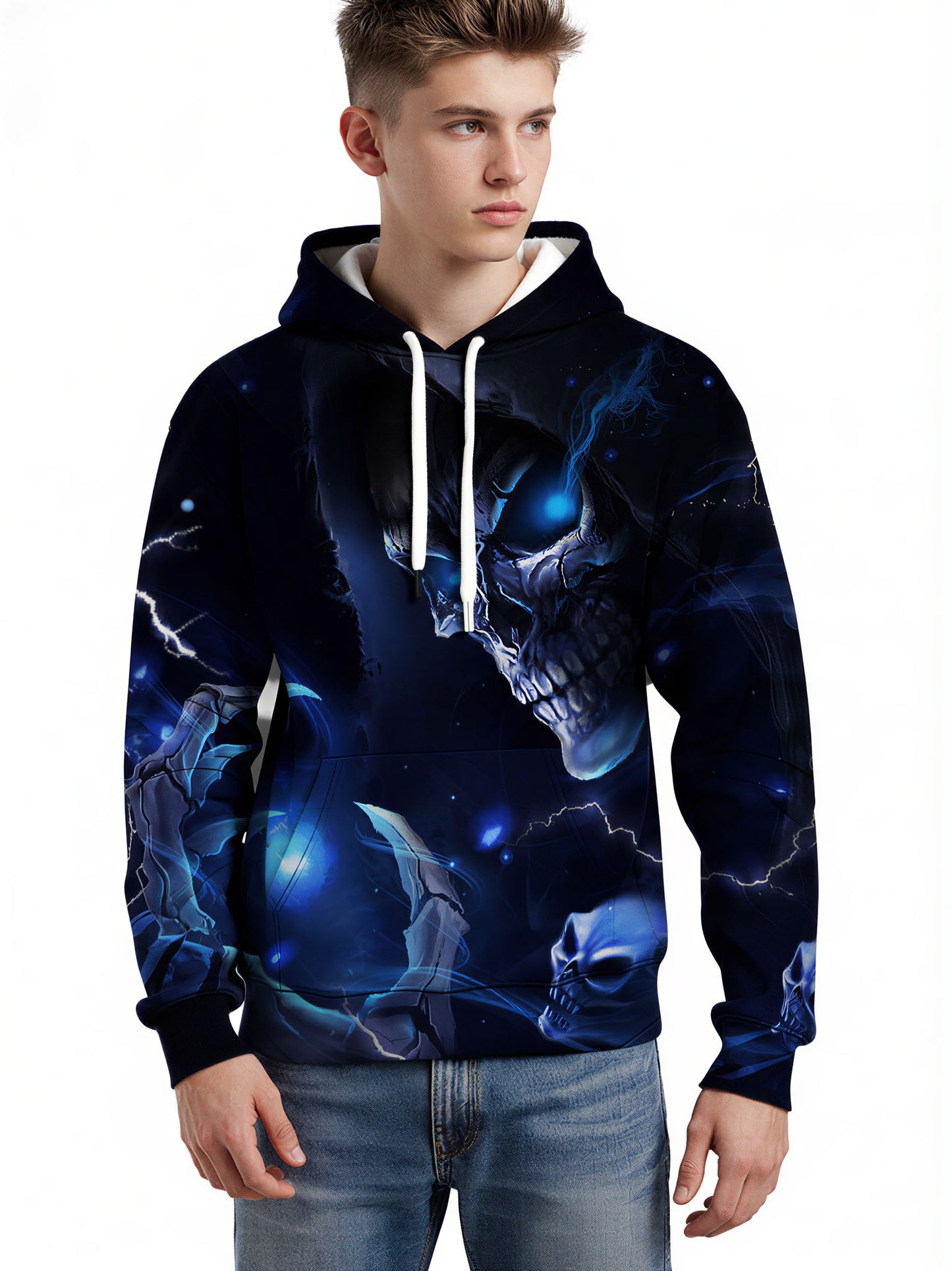 Men Women 3D All Over Print Skull Hoodie with Blue Lightning Glow Effect