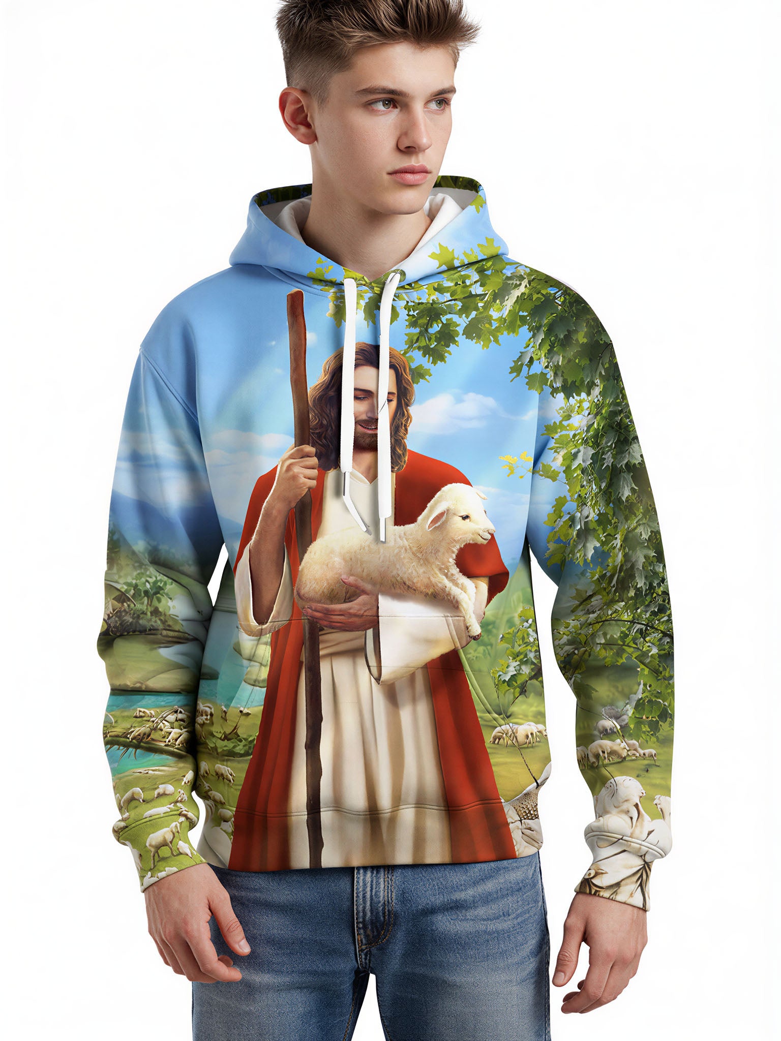 Jesus Christ 3D All Over Print Hoodie for Men Women with Lamb and Nature Scene