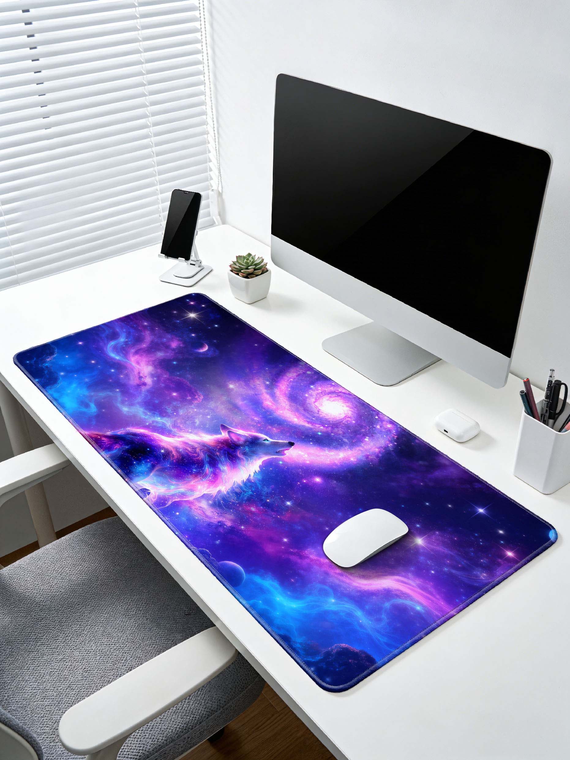 Howling Cosmic Wolf With Spiral Galaxy & Planets Desk Mat