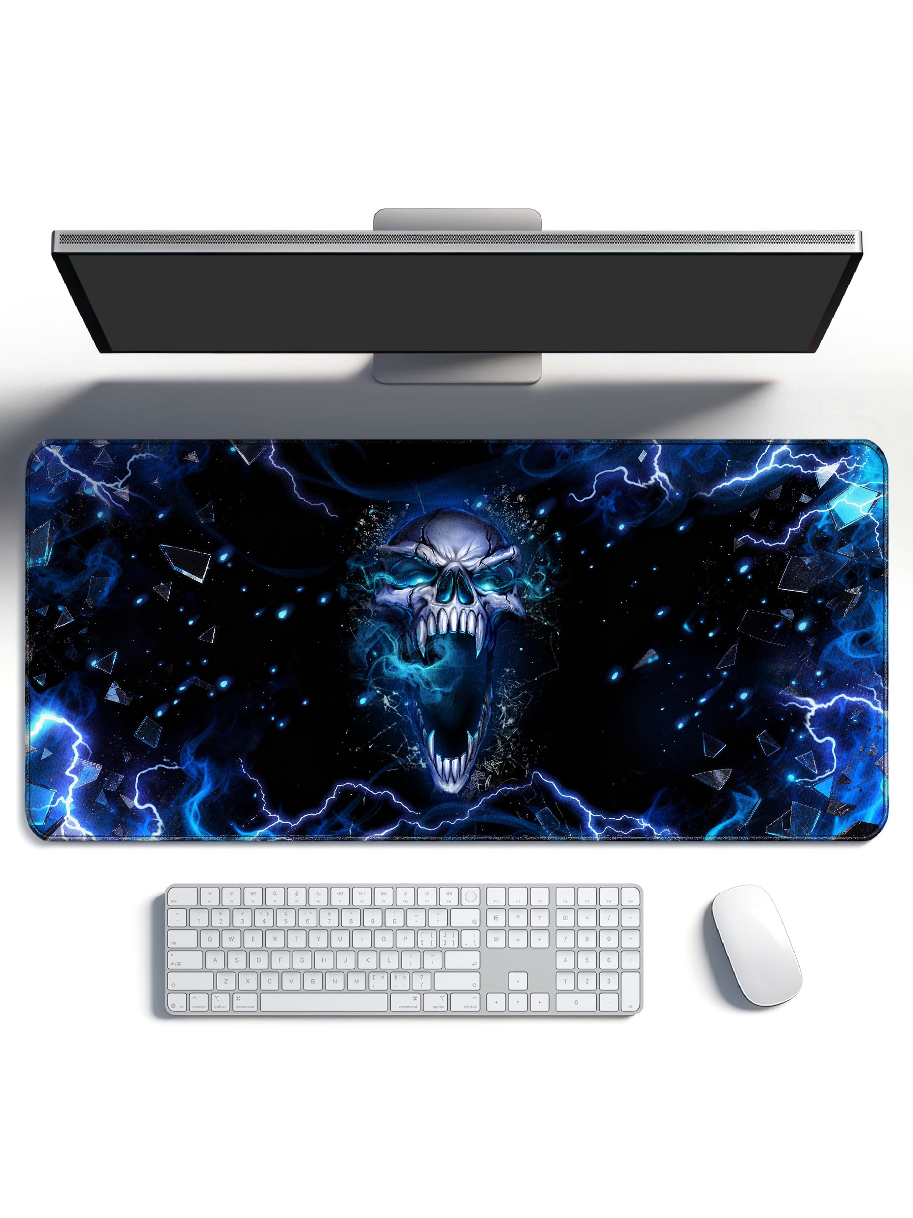 Blue Flame Skull Roaring With Shattered Glass & Lightning Desk Mat