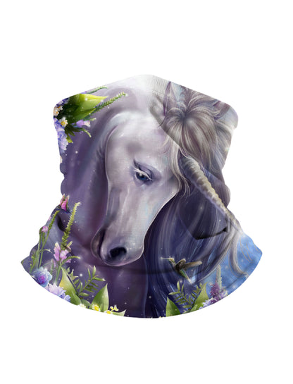 Unisex Neck Gaiter with 3D all over print featuring mystical unicorn, blooming flowers and hummingbird in dreamy fantasy aesthetic, soft stretchy breathable fabric for outdoor wear