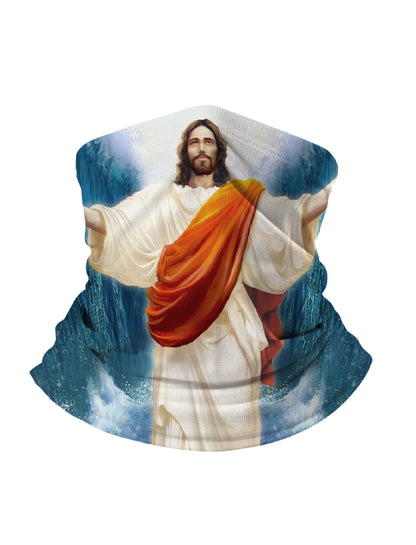 Neck Gaiter with 3D All Over Print Featuring Serene Jesus in Flowing Robe Amidst Ocean Waves, Aesthetic Vintage Religious Art Design, Unisex Soft Stretchy Breathable Fabric for Daily Wear