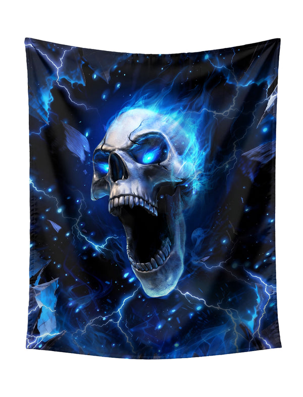 Blue Flaming Skull Screaming With Shards Tapestry - Intense Dark Fantasy Wall Hanging for Bold Home Decor