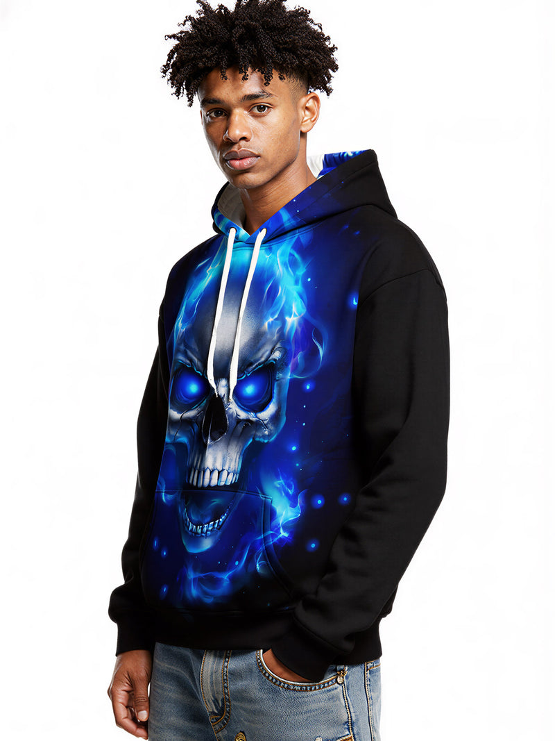 Men Women 3D All Over Print Hoodie Blue Fire Skull Graphic Pullover Sweatshirt
