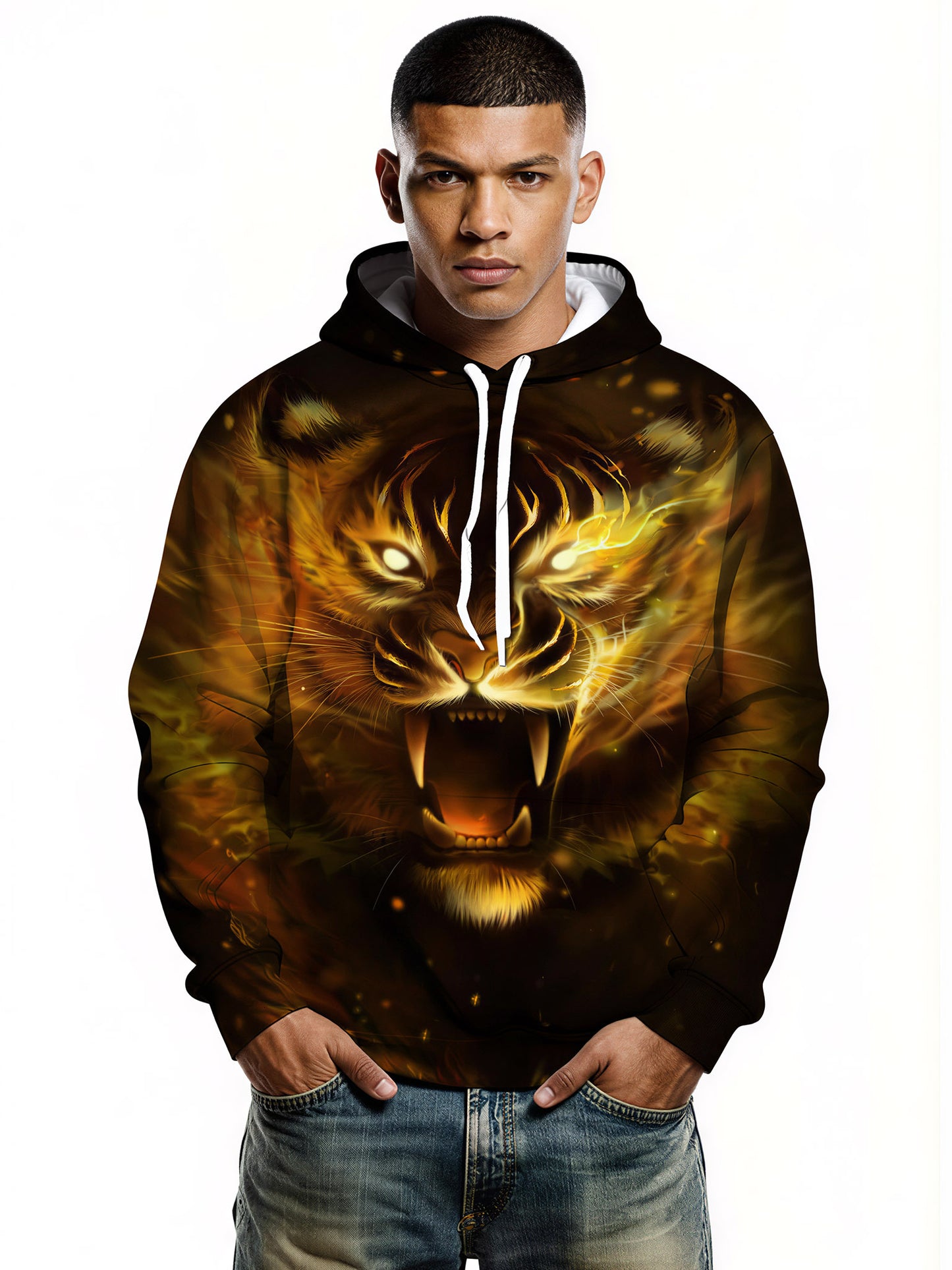 Men Women 3D All Over Print Fire Tiger Hoodie Sweatshirt Graphic Pullover