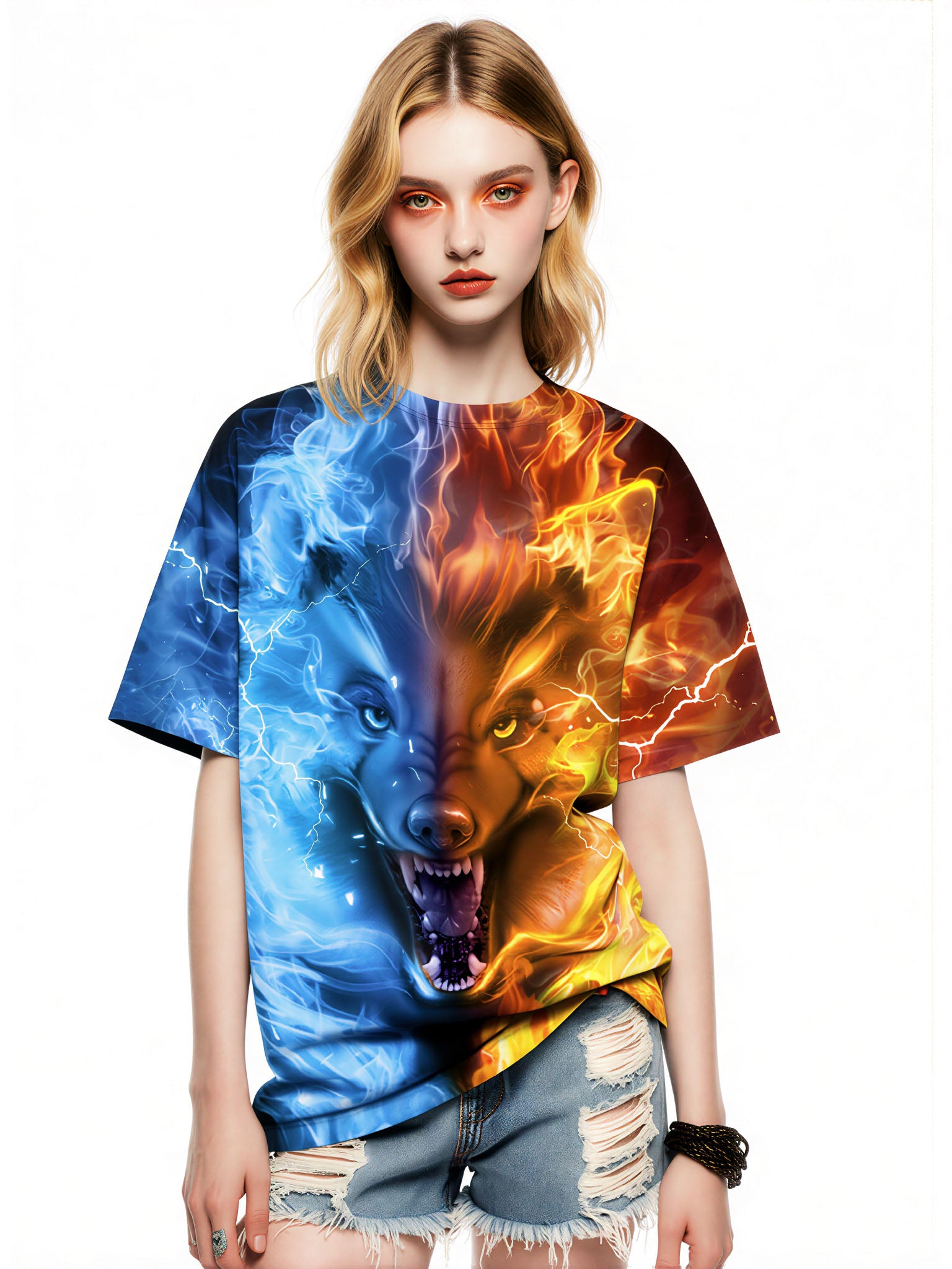 Fire Ice Wolf 3D All Over Print T-Shirt for Men Women, Bold Graphic Streetwear Sweatshirt