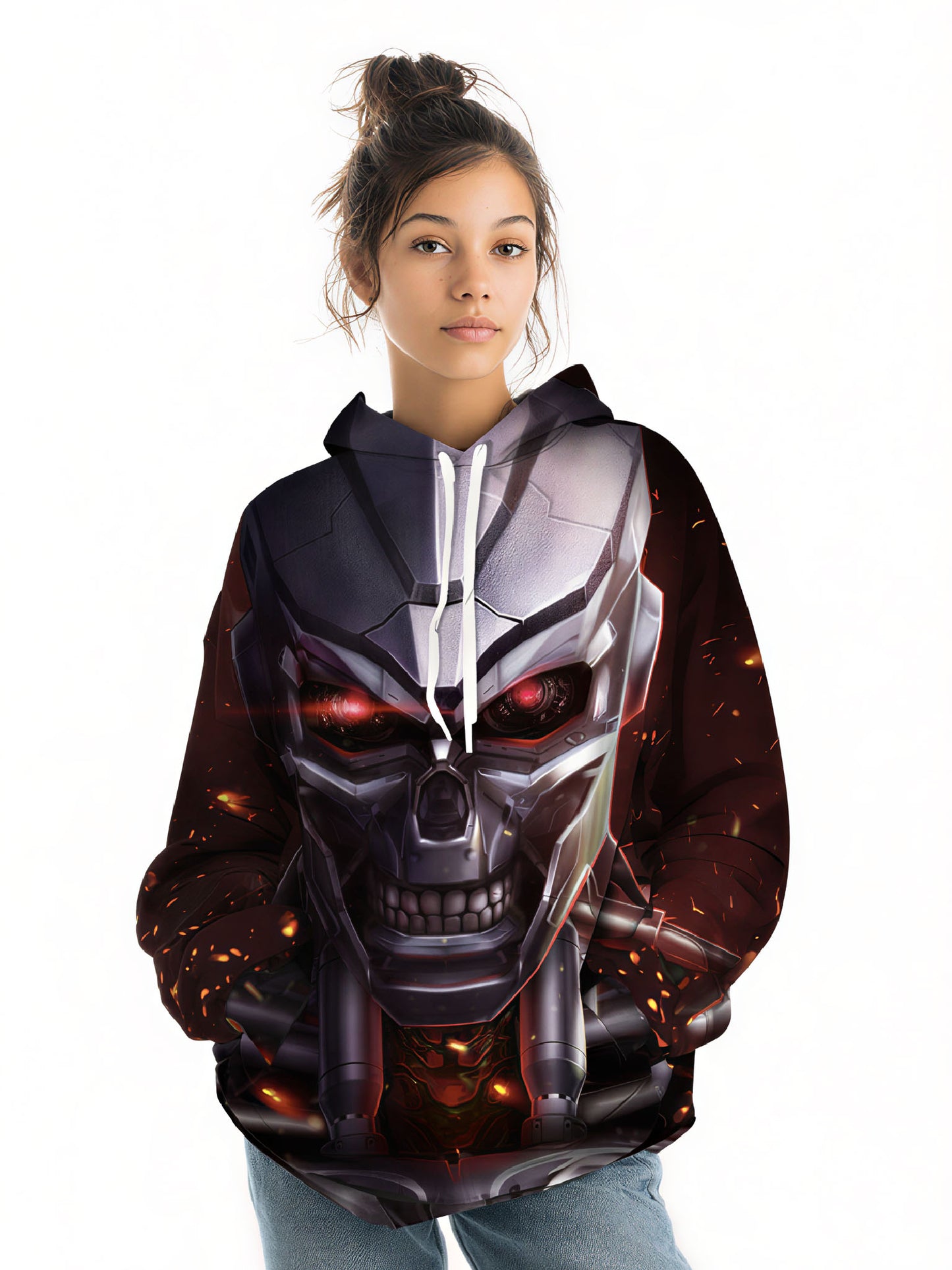 Unisex 3D All Over Print Hoodie with Cyberpunk Robot Skull Design, Soft Cotton Blend Streetwear