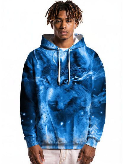 3D All Over Print Wolf Hoodie for Men Women Blue Flame Art Style