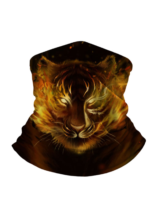 Tube Face Mask with 3D all over print fiery tiger head design, Streetwear aesthetic unisex neck gaiter, soft stretchy breathable fabric for outdoor use