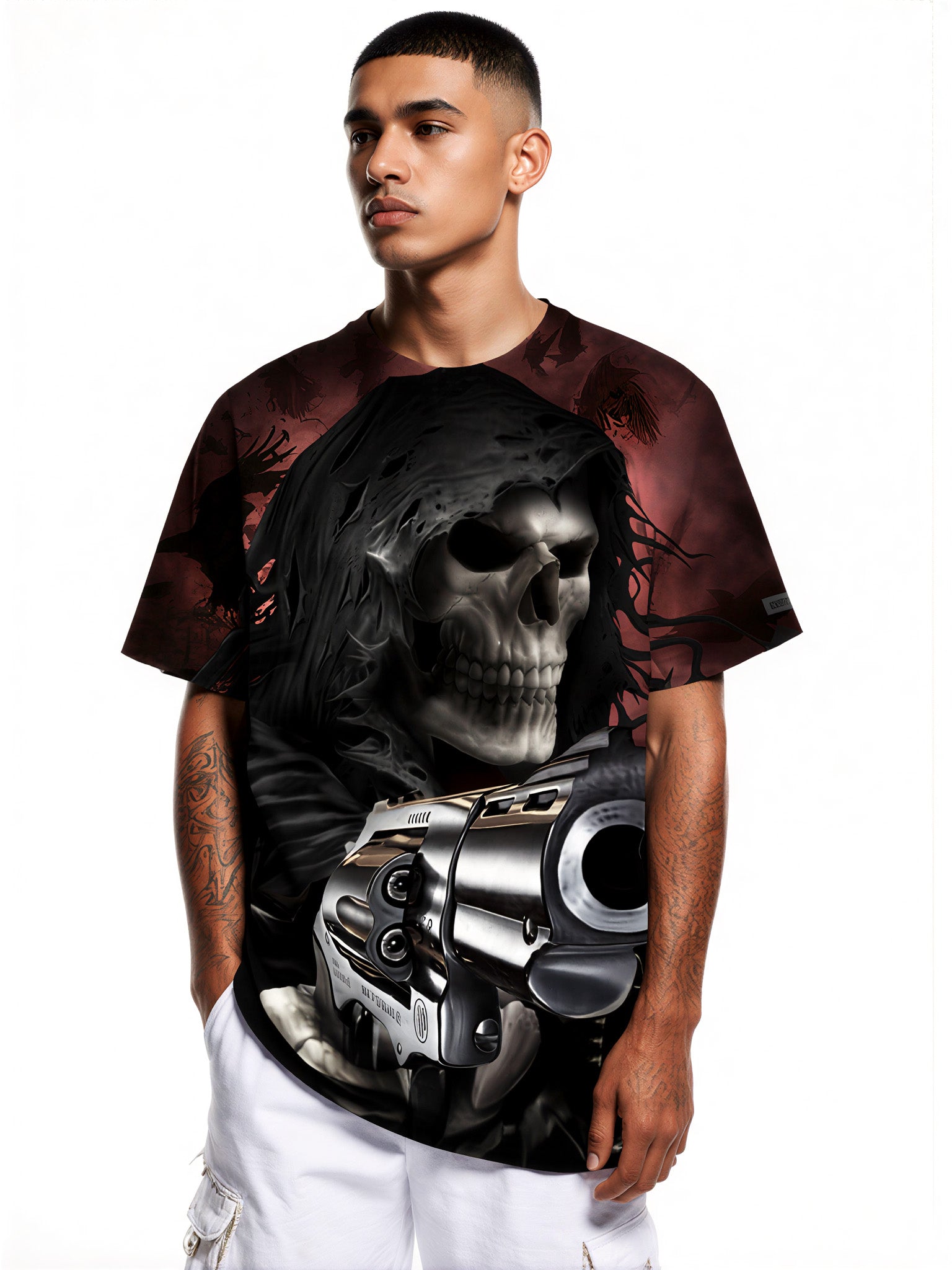 Men Women 3D All Over Print Skull Reaper T-Shirt with Gun Gothic Horror Design