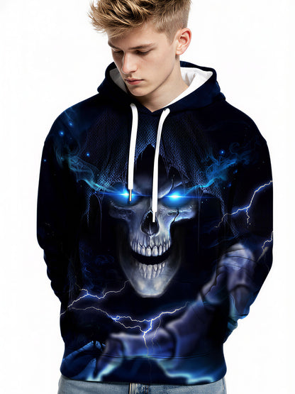 3D All Over Print Skull Hoodie with Lightning Eyes for Men Women Gothic Streetwear