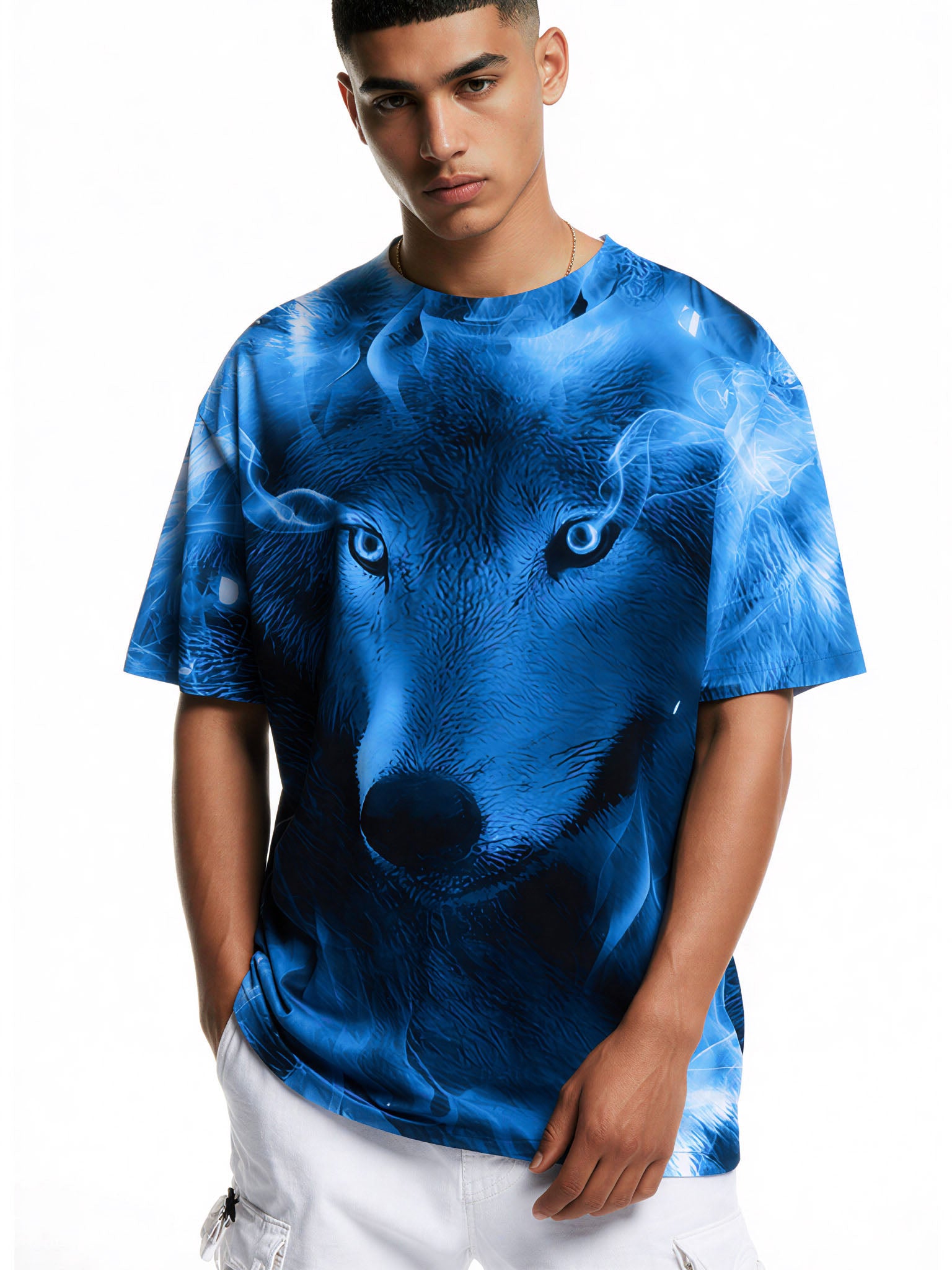3D All Over Print Wolf T-Shirt for Men Women Blue Flame Art Style