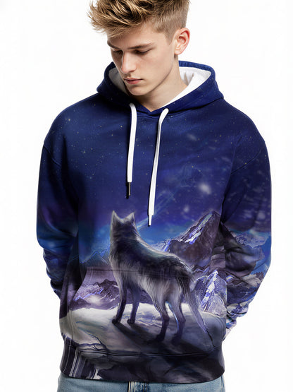 Wolf Mountain 3D All Over Print Hoodie for Men Women, Starry Night Graphic Pullover Sweatshirt