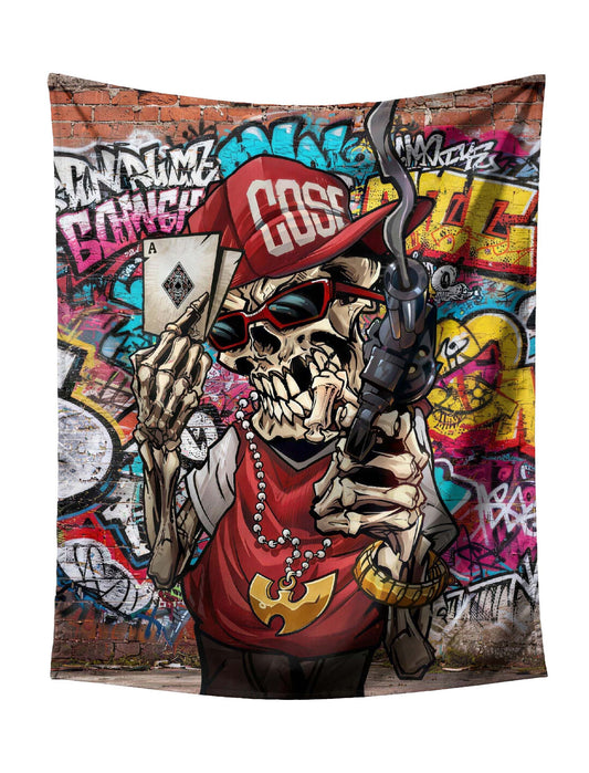 Gangster Skull with Red Cap, Sunglasses, Playing Cards & Revolver on Graffiti Wall Tapestry - Edgy Hip-Hop Wall Hanging for Bold Home Decor