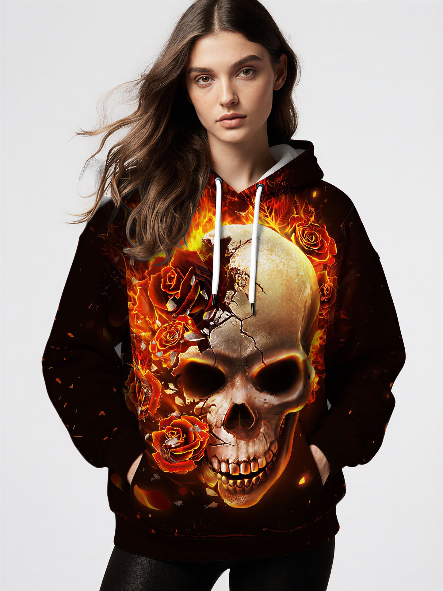 3D All Over Print Skull and Roses Hoodie for Men Women, Fire Flame Graphic Pullover Sweatshirt