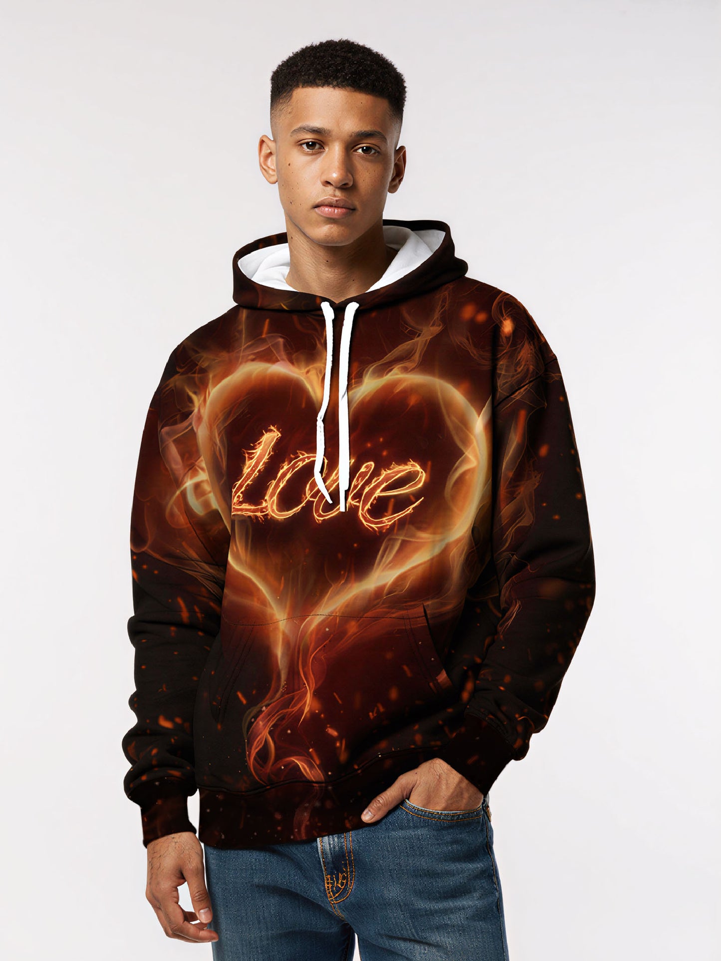Unisex Pullover Hoodie with 3D All Over Print featuring Fiery Heart and “Love” Script in Y2K Aesthetic, Soft Cotton Blend, Loose Fit Casual Streetwear