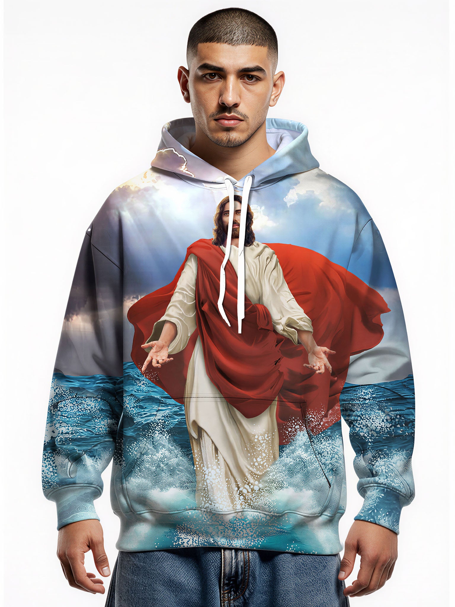 Jesus Walking on Water 3D All Over Print Hoodie for Men Women Religious Christian Art Sweatshirt
