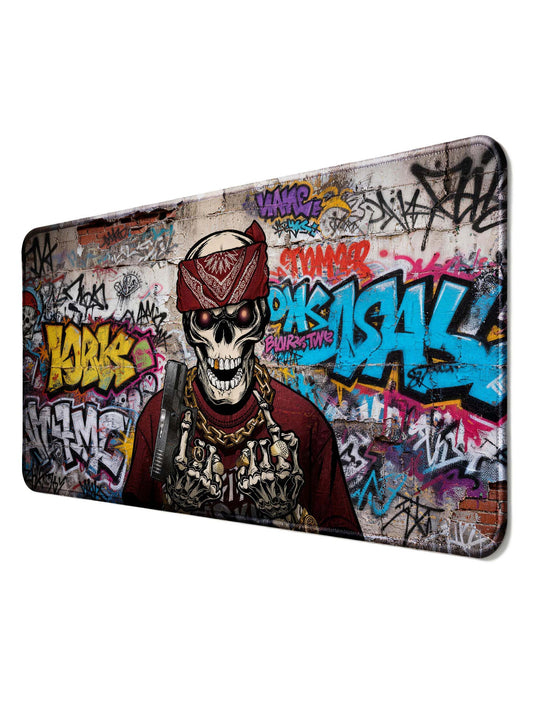 Hip Hop Skull With Bandana & Gun In Graffiti Wall Background Desk Mat