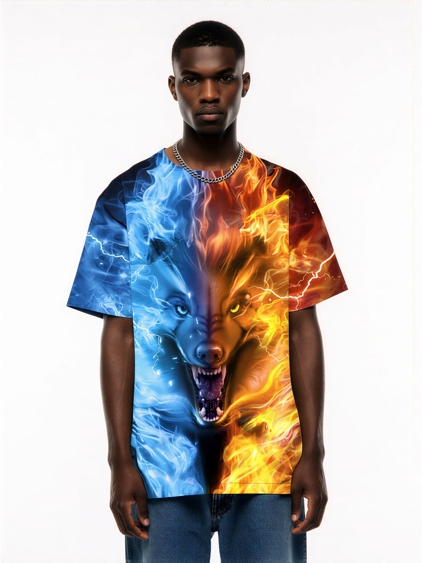 Fire Ice Wolf 3D All Over Print T-Shirt for Men Women, Bold Graphic Streetwear Sweatshirt