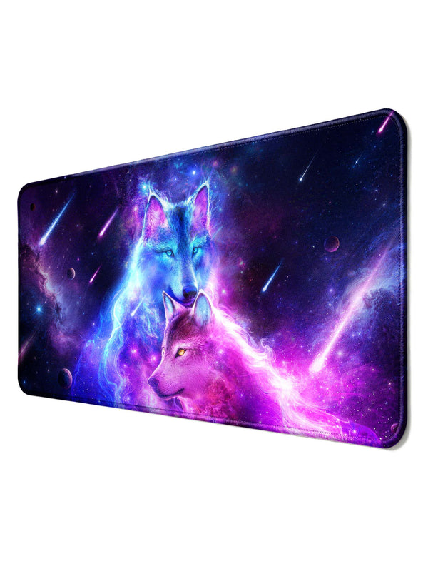 Two Cosmic Wolves (Blue & Pink) With Shooting Meteors Desk Mat