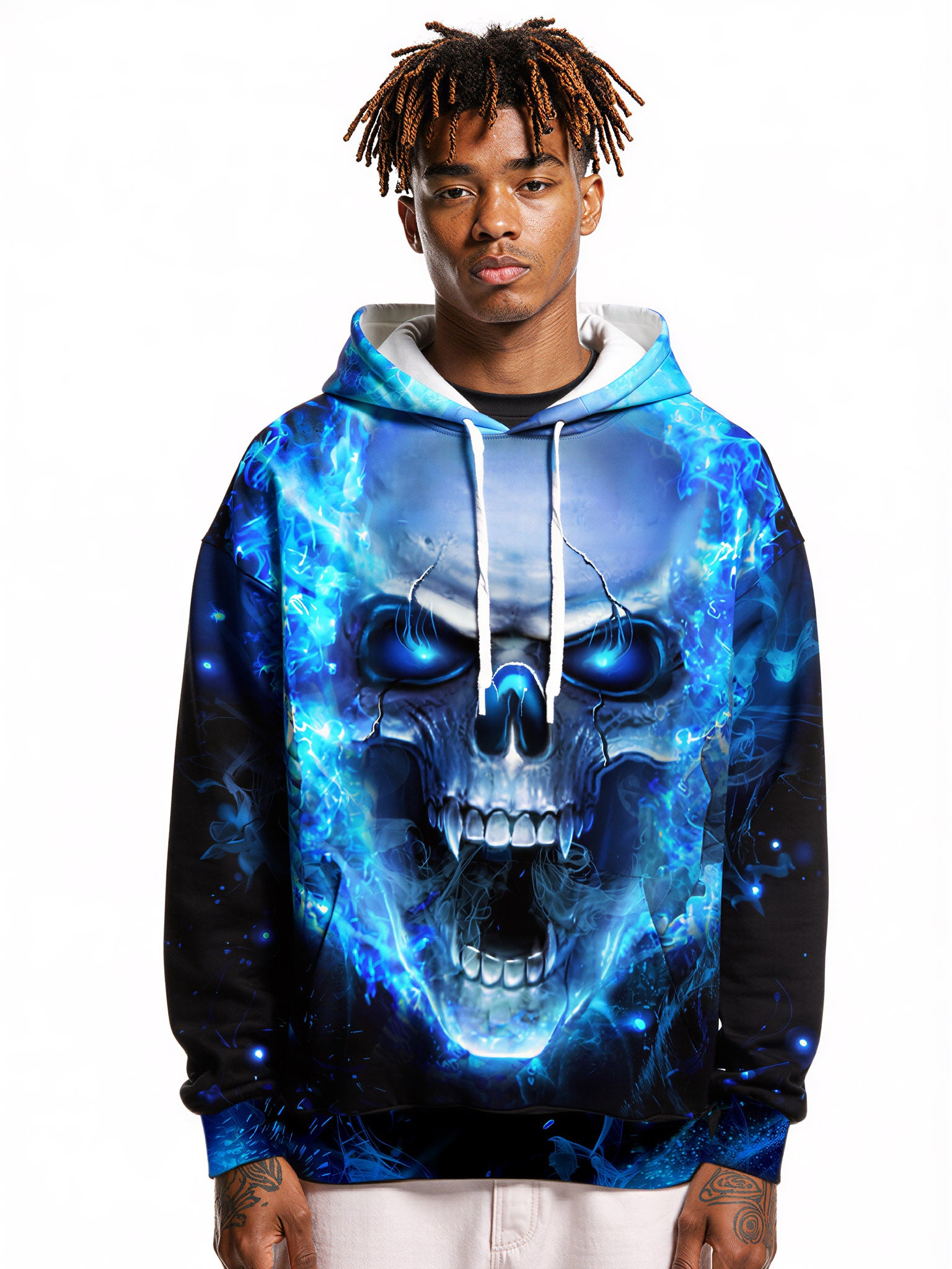 3D All Over Print Blue Fire Skull Hoodie for Men Women Streetwear Graphic Pullover