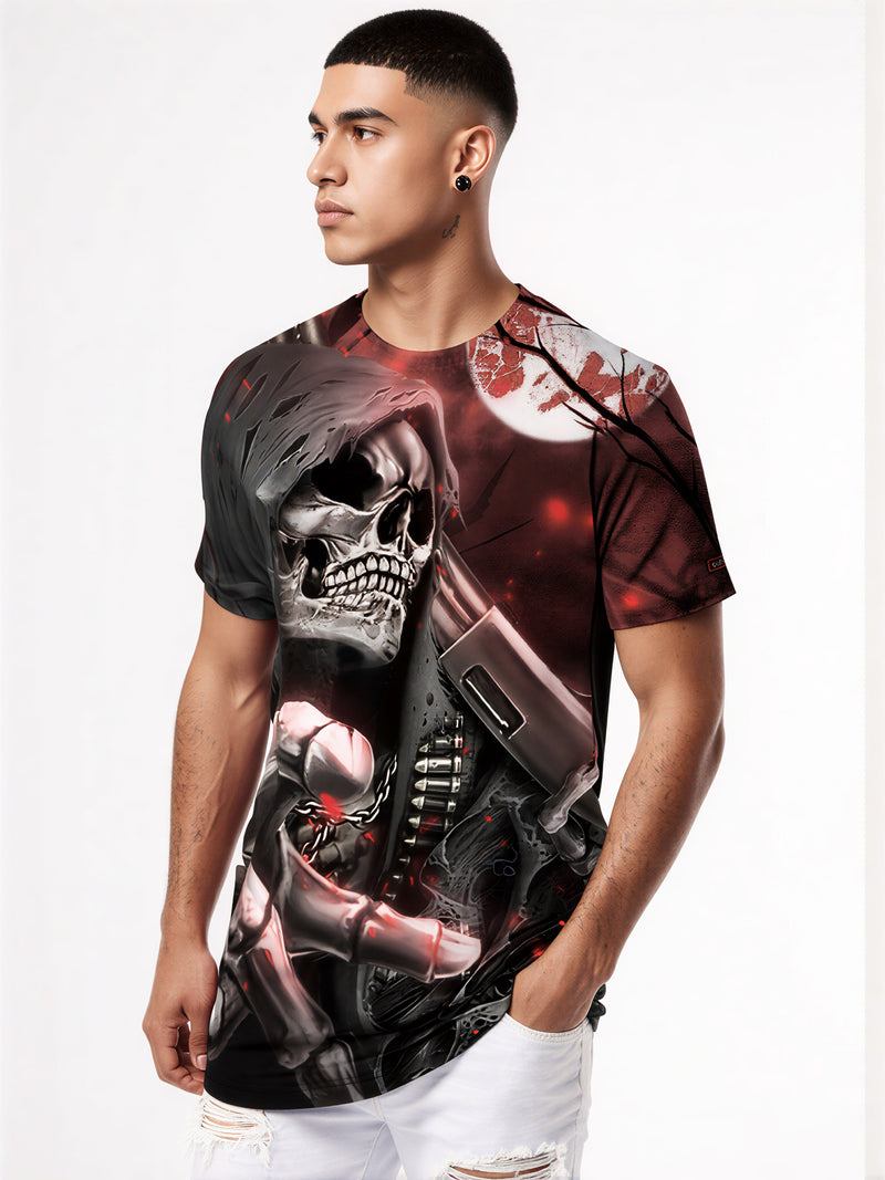 Men Women 3D All Over Print Grim Reaper T-Shirt with Blood Moon and Shotgun Design
