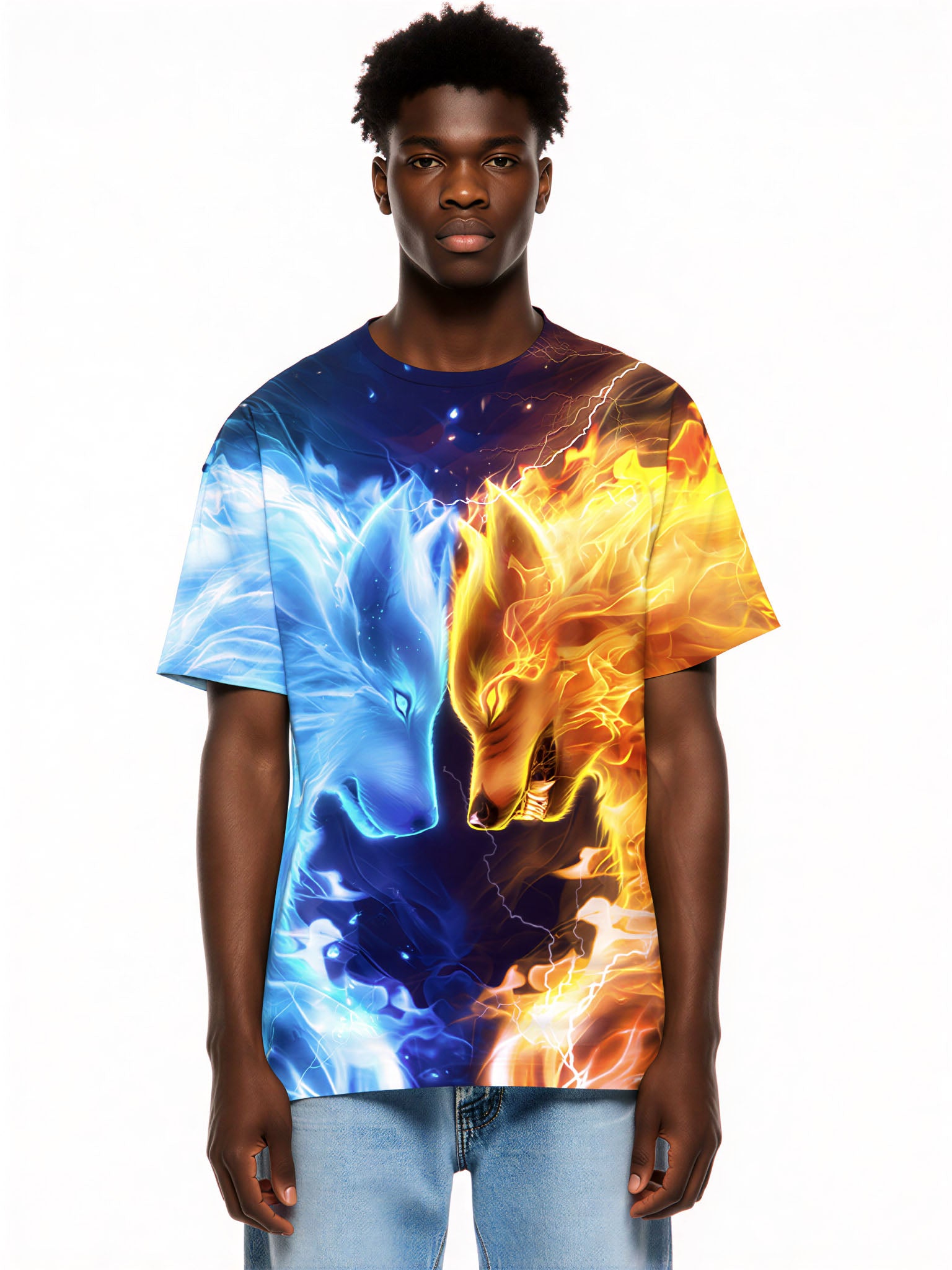 3D All Over Print Fire Ice Wolf T-Shirt for Men Women, Bold Graphic Streetwear Sweatshirt