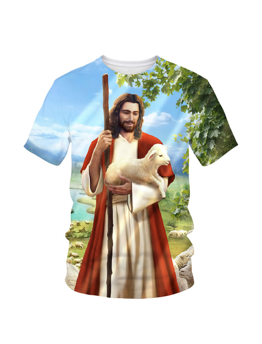 Jesus Shepherd 3D All Over Print T-Shirt for Men Women, Faithful Lamb Graphic Religious Streetwear