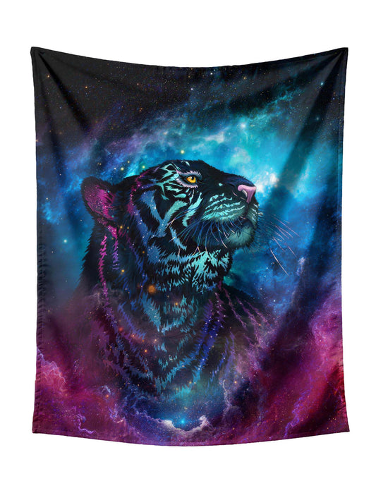 Pair of Cosmic Wolves (Blue-Purple Gradient) on Starry Galaxy Tapestry - Mystical Fantasy Wall Hanging