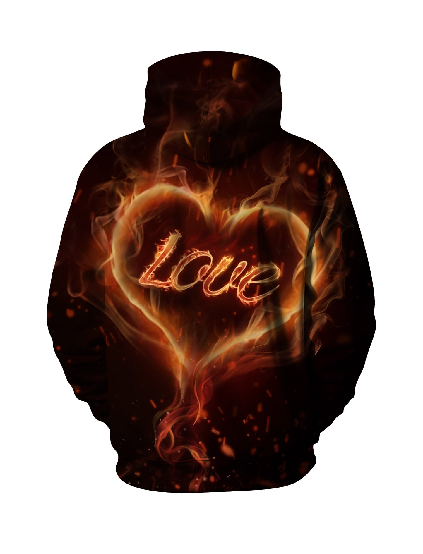 Unisex Pullover Hoodie with 3D All Over Print featuring Fiery Heart and “Love” Script in Y2K Aesthetic, Soft Cotton Blend, Loose Fit Casual Streetwear