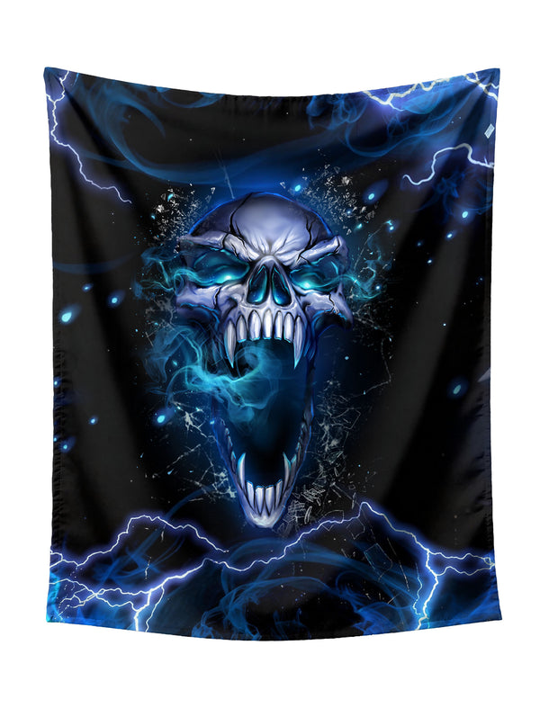 Fanged Blue Flaming Skull With Lightning & Smoke Tapestry - Intense Dark Fantasy Wall Hanging for Bold Home Decor