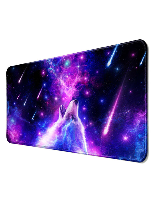 Howling Cosmic Wolf With Shooting Meteors & Nebula Desk Mat