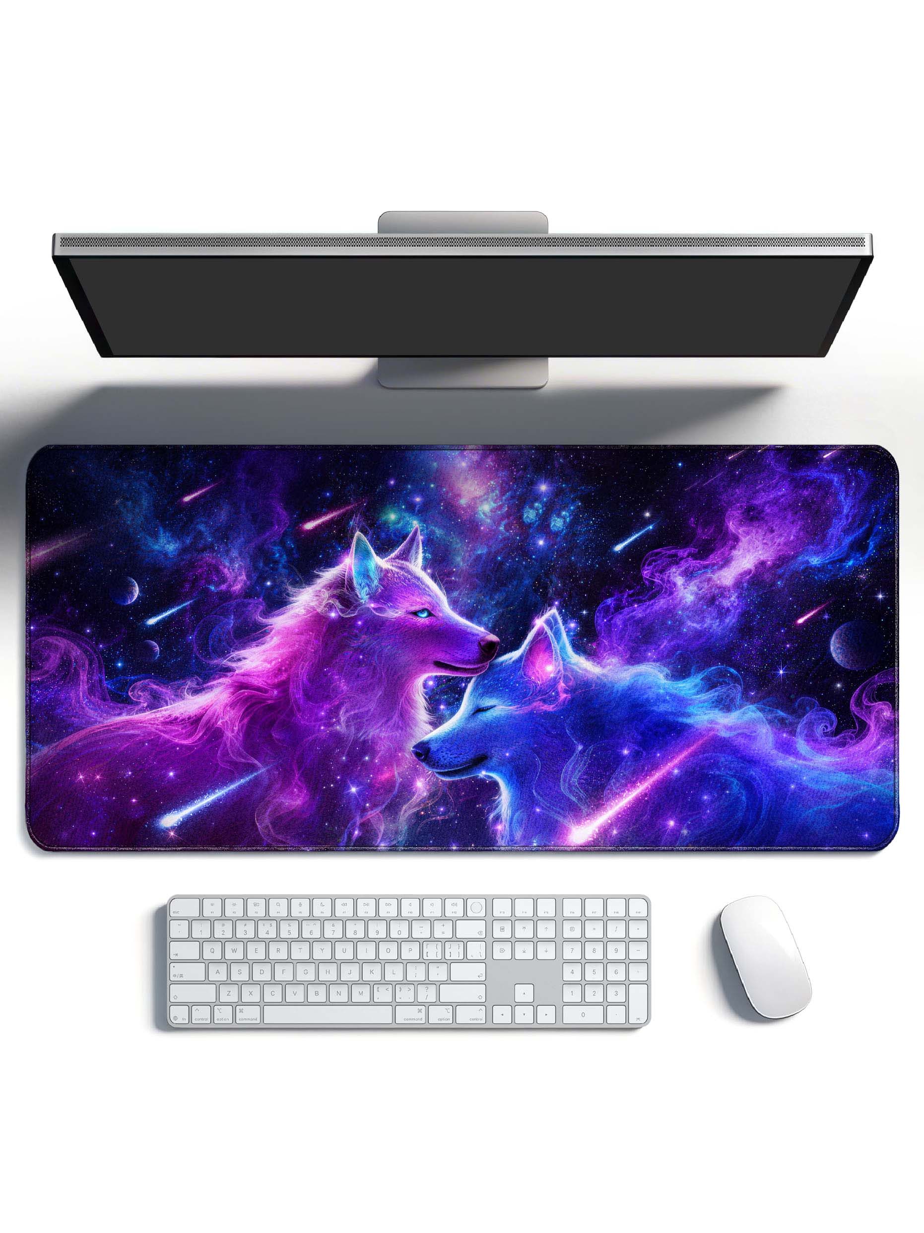 Two Cuddling Cosmic Wolves With Shooting Stars & Nebula Desk Mat