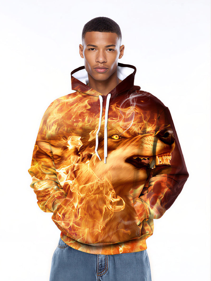 Flaming Wolf Graphic Hoodie 3D Orange Fire Print Unisex Oversized Streetwear Sweatshirt for Men Women
