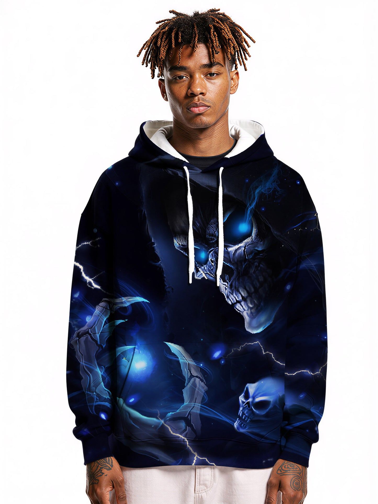 Men Women 3D All Over Print Skull Hoodie with Blue Lightning Glow Effect
