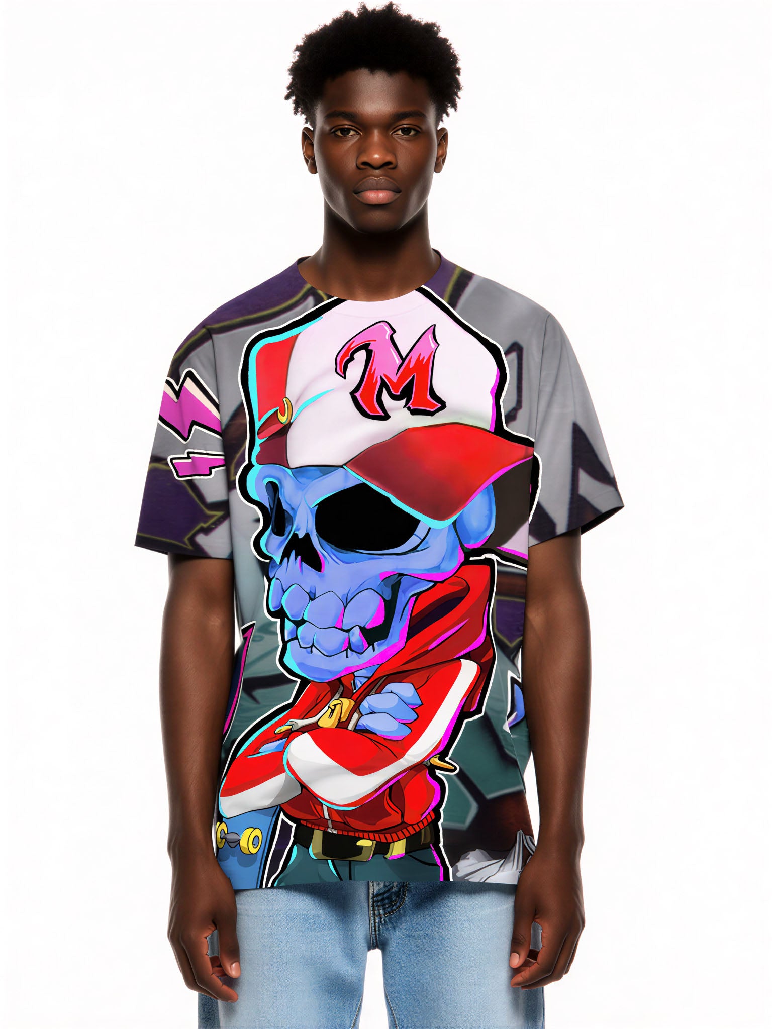 3D All Over Print Skull T-Shirt for Men Women, Streetwear Style with Neon Graphic Design