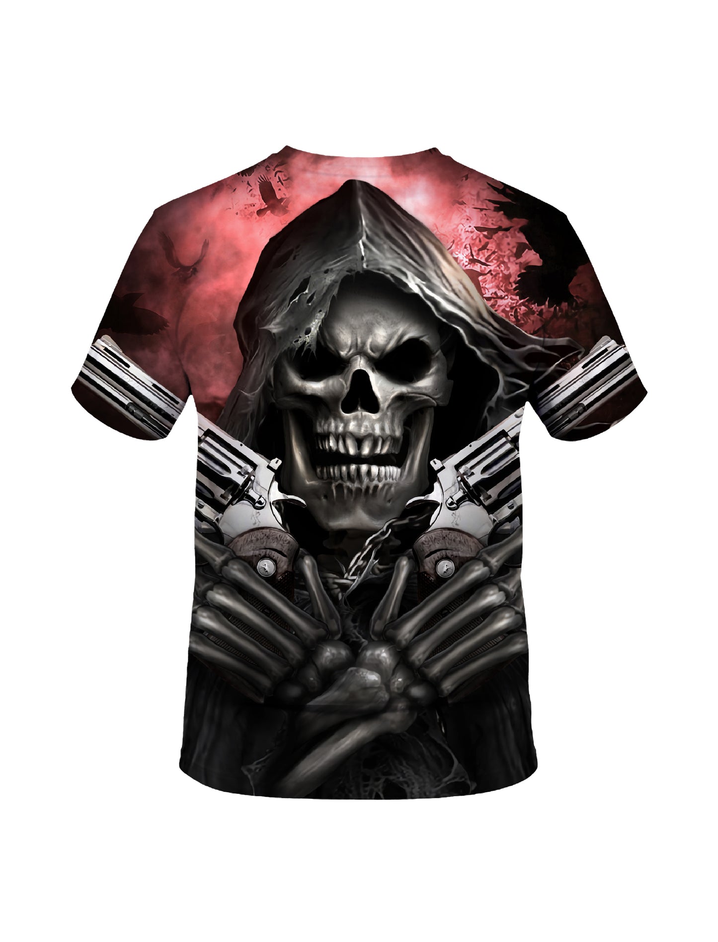 Men Women 3D All Over Print Grim Reaper Skull T-Shirt with Guns and Ravens Horror Style