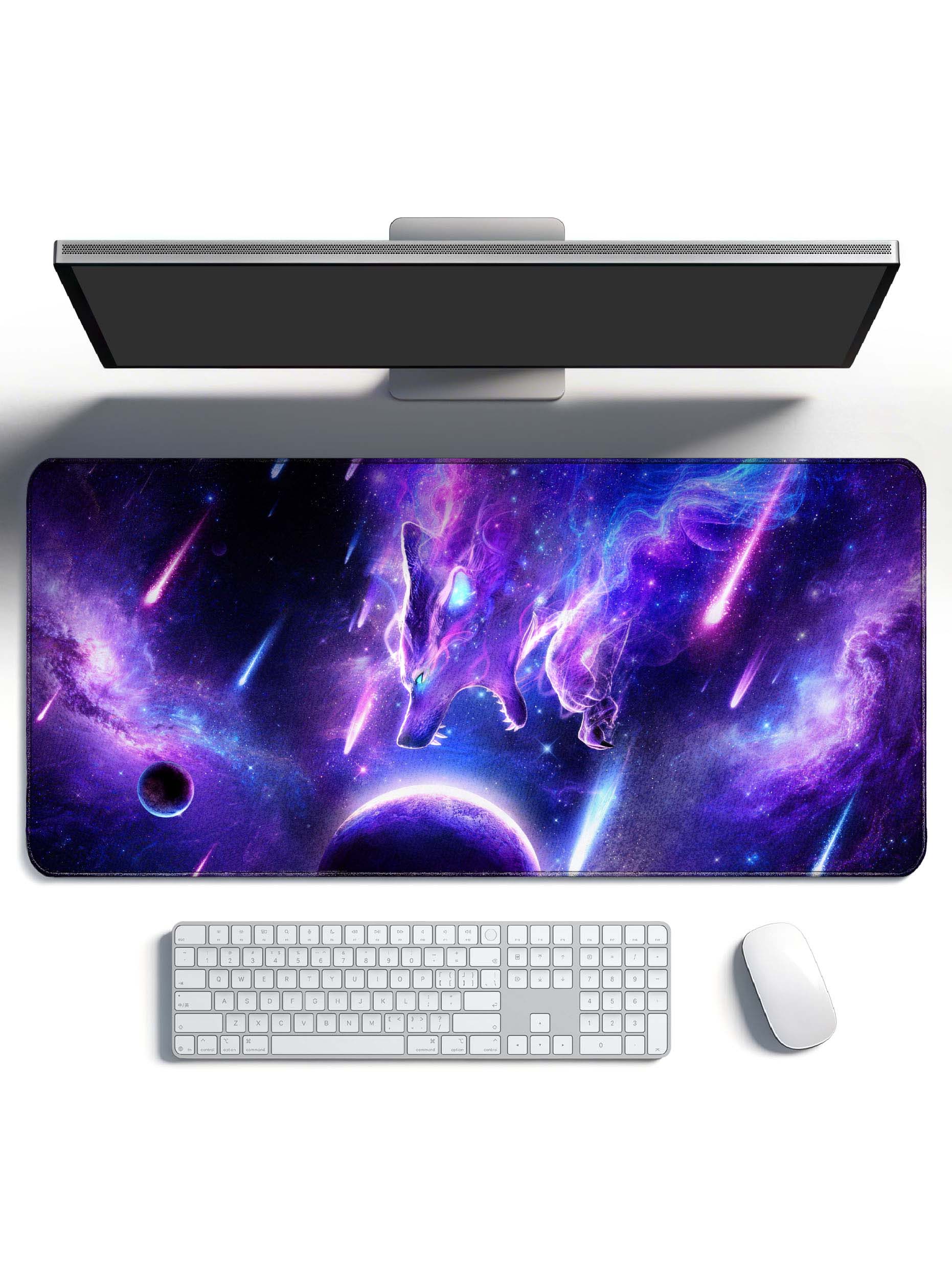 Two Cosmic Wolves (Roaring & Translucent) With Planets & Nebula Desk Mat