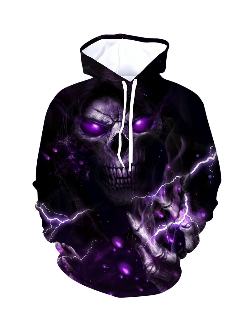 Men Women 3D All Over Print Skull Lightning Hoodie Purple Glow Gothic Streetwear Pullover