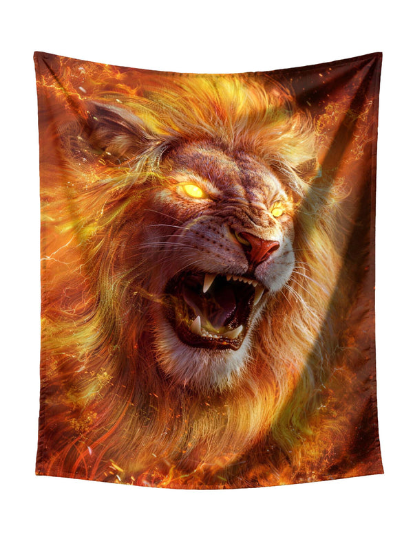 Fiery Lion Roaring With Glowing Eyes Tapestry - Intense Wildlife Dark Fantasy Wall Hanging for Bold Home Decor