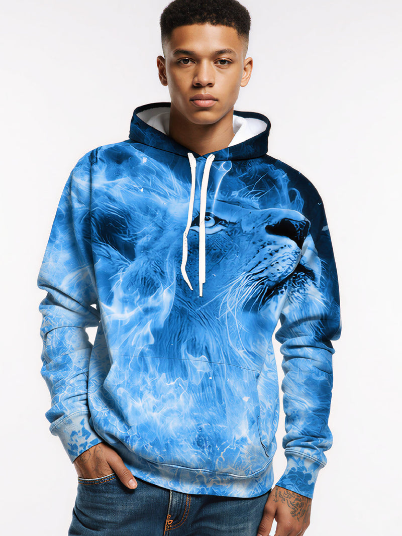 Unisex 3D All Over Print Hoodie Blue Fire Lion Art Streetwear Pullover Soft Comfortable Cotton Blend