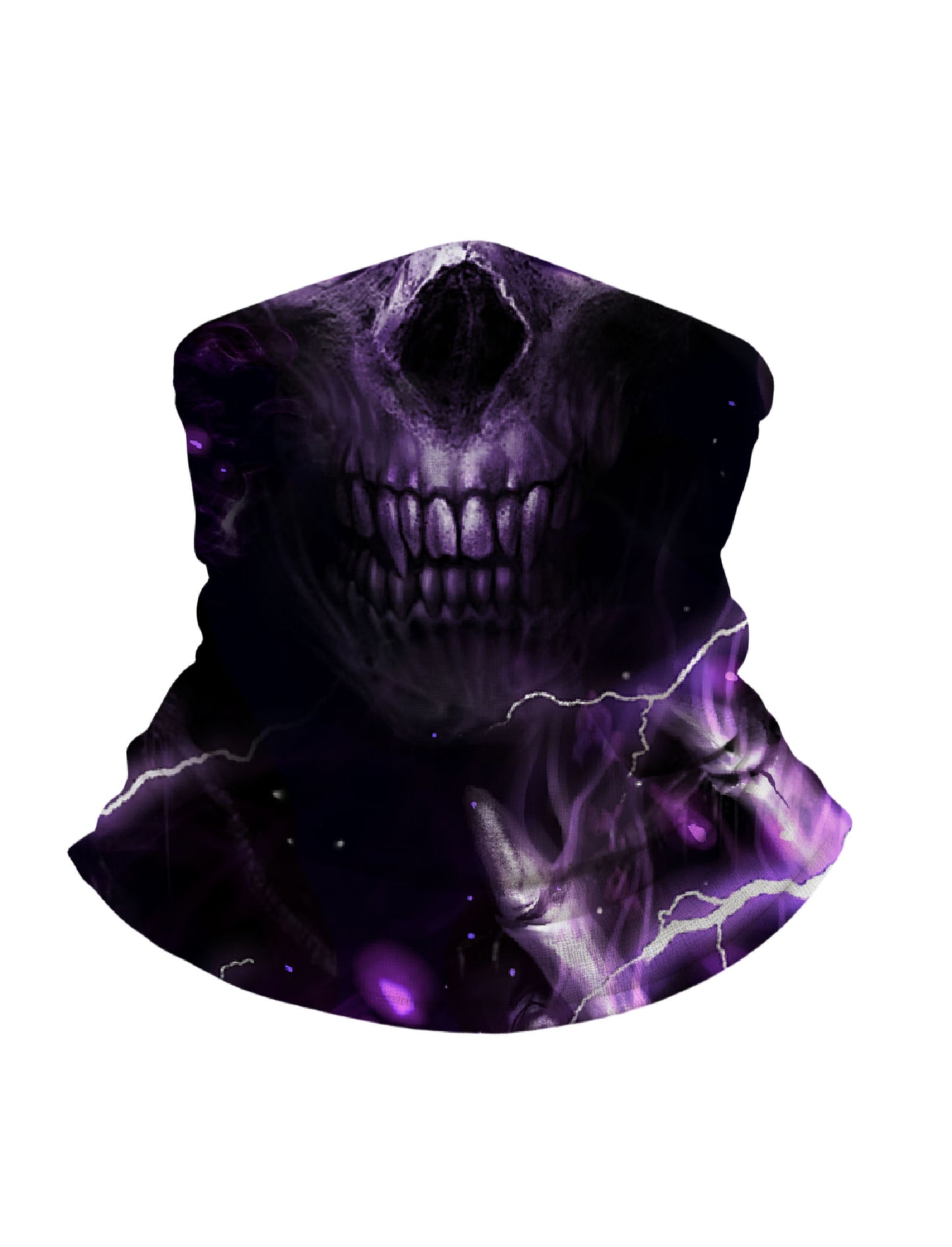 Tube Face Mask with 3D all over print graffiti skull design in dark purple lightning storm aesthetic for unisex streetwear fans, breathable fabric and windproof protection