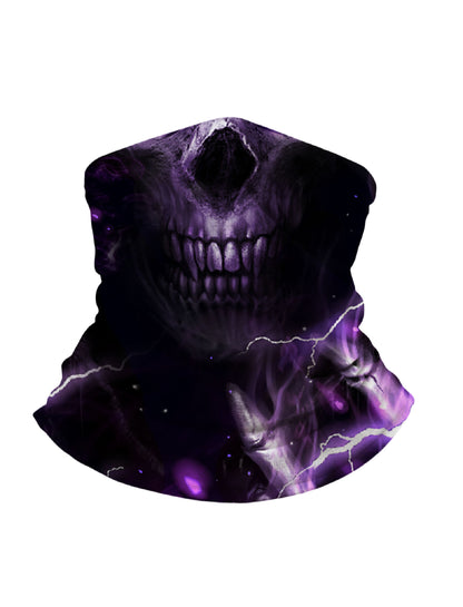 Tube Face Mask with 3D all over print graffiti skull design in dark purple lightning storm aesthetic for unisex streetwear fans, breathable fabric and windproof protection