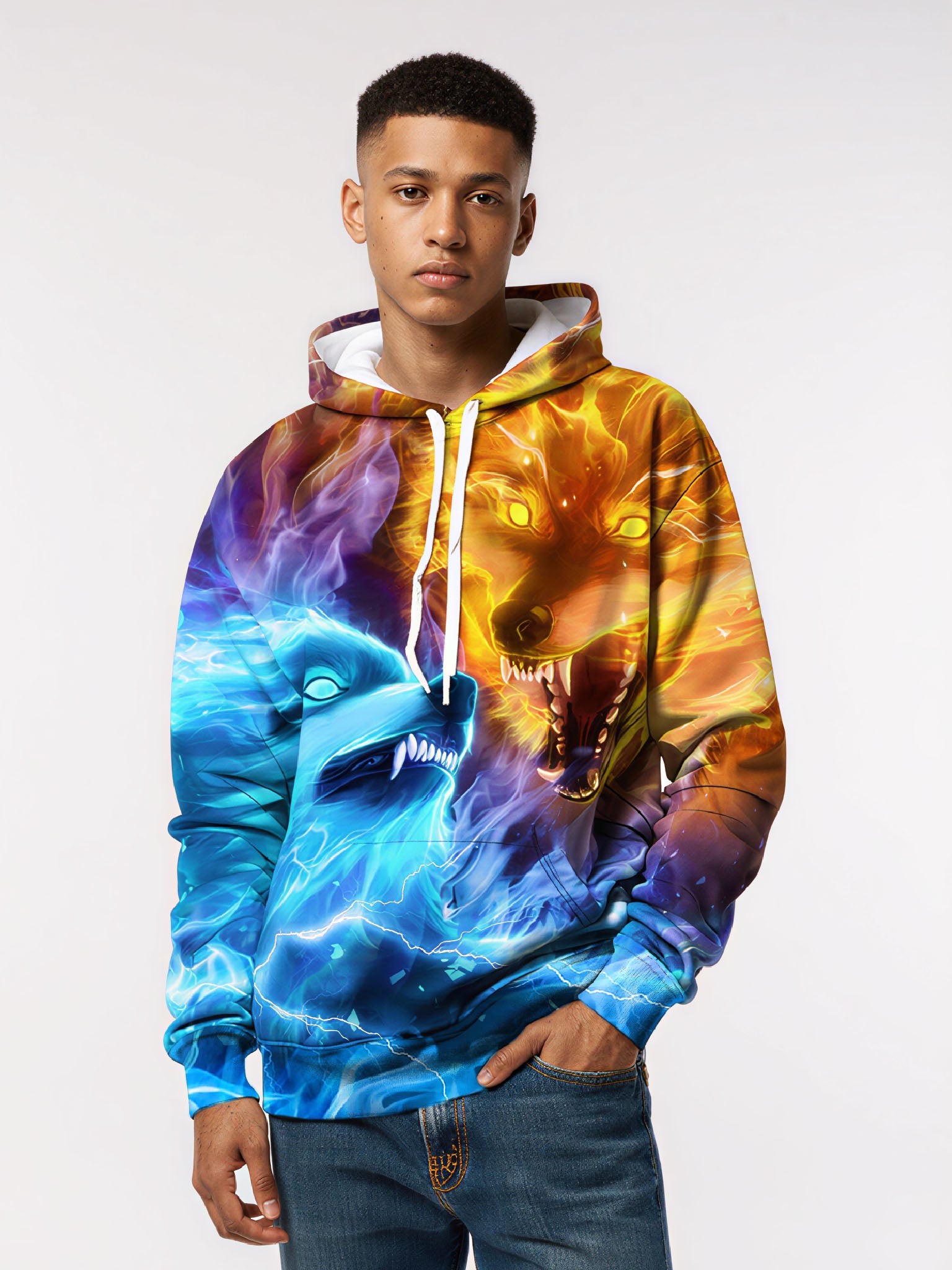 Unisex 3D All Over Print Hoodie Fire Ice Wolves Streetwear Cotton Blend Soft Comfortable