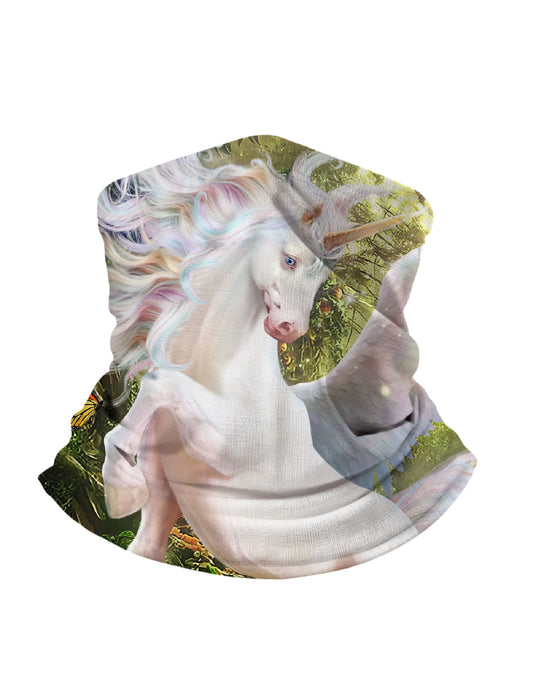 Unisex Neck Gaiter with 3D all over print featuring mystical unicorn in enchanted forest, Aesthetic style, soft stretchy and breathable fabric for outdoor wear