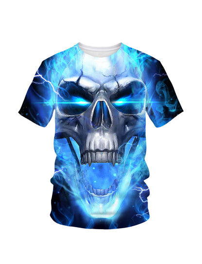 3D All Over Print Skull T-Shirt with Blue Lightning Effect for Men Women edgy streetwear