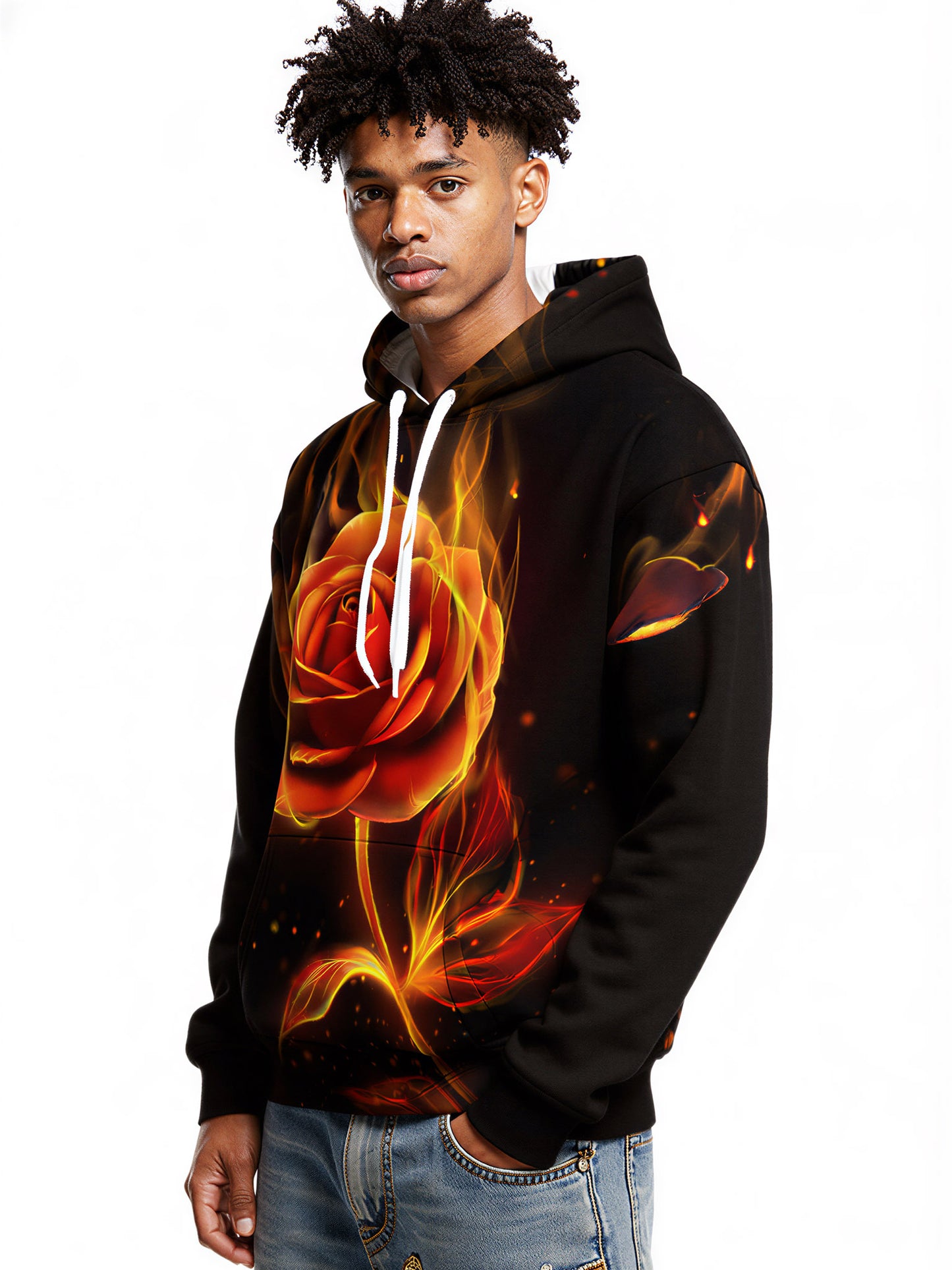 Flaming Rose 3D All Over Print Hoodie for Men Women, Fire Flower Graphic Pullover Sweatshirt