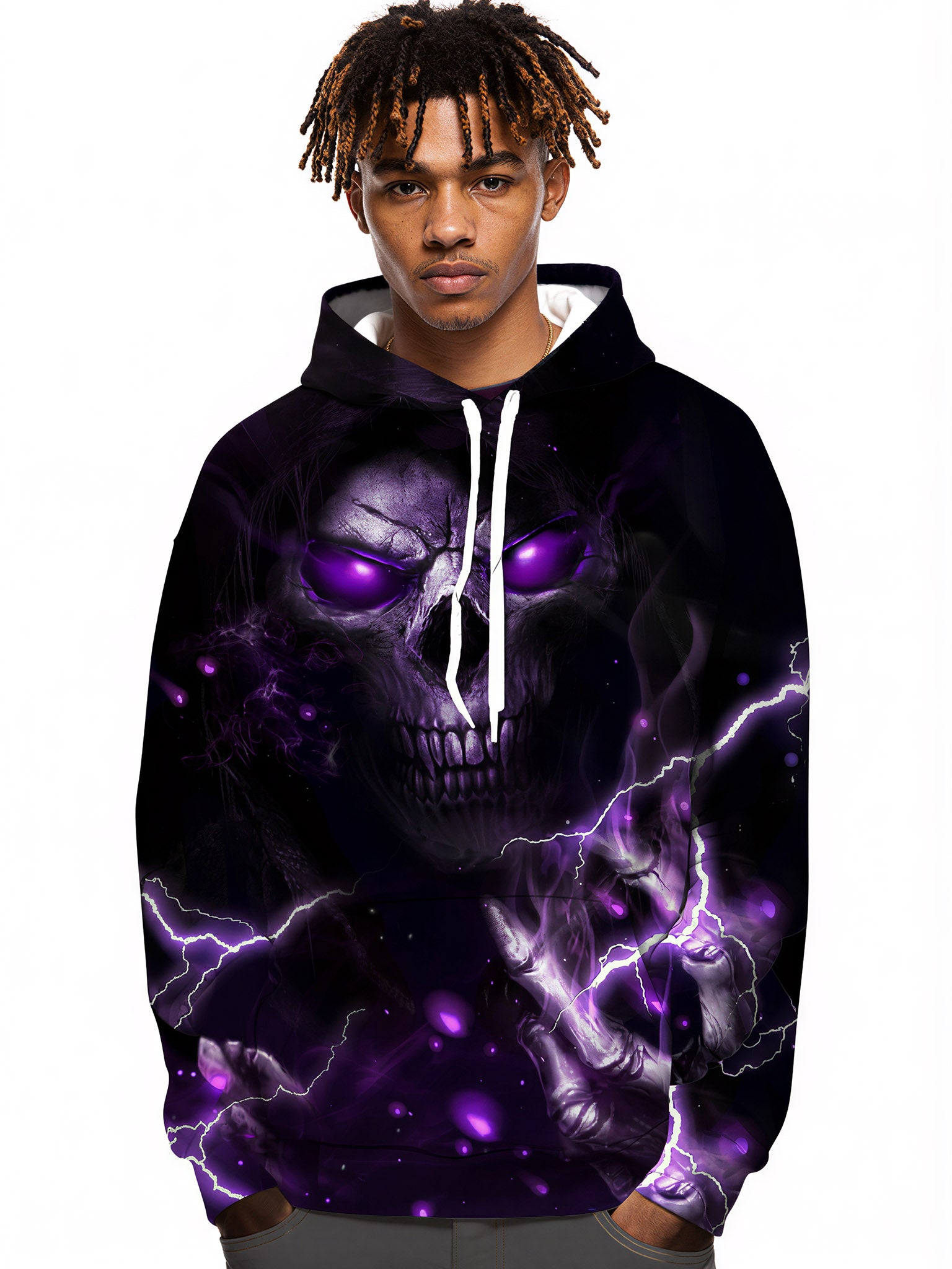 Men Women 3D All Over Print Skull Lightning Hoodie Purple Glow Gothic Streetwear Pullover