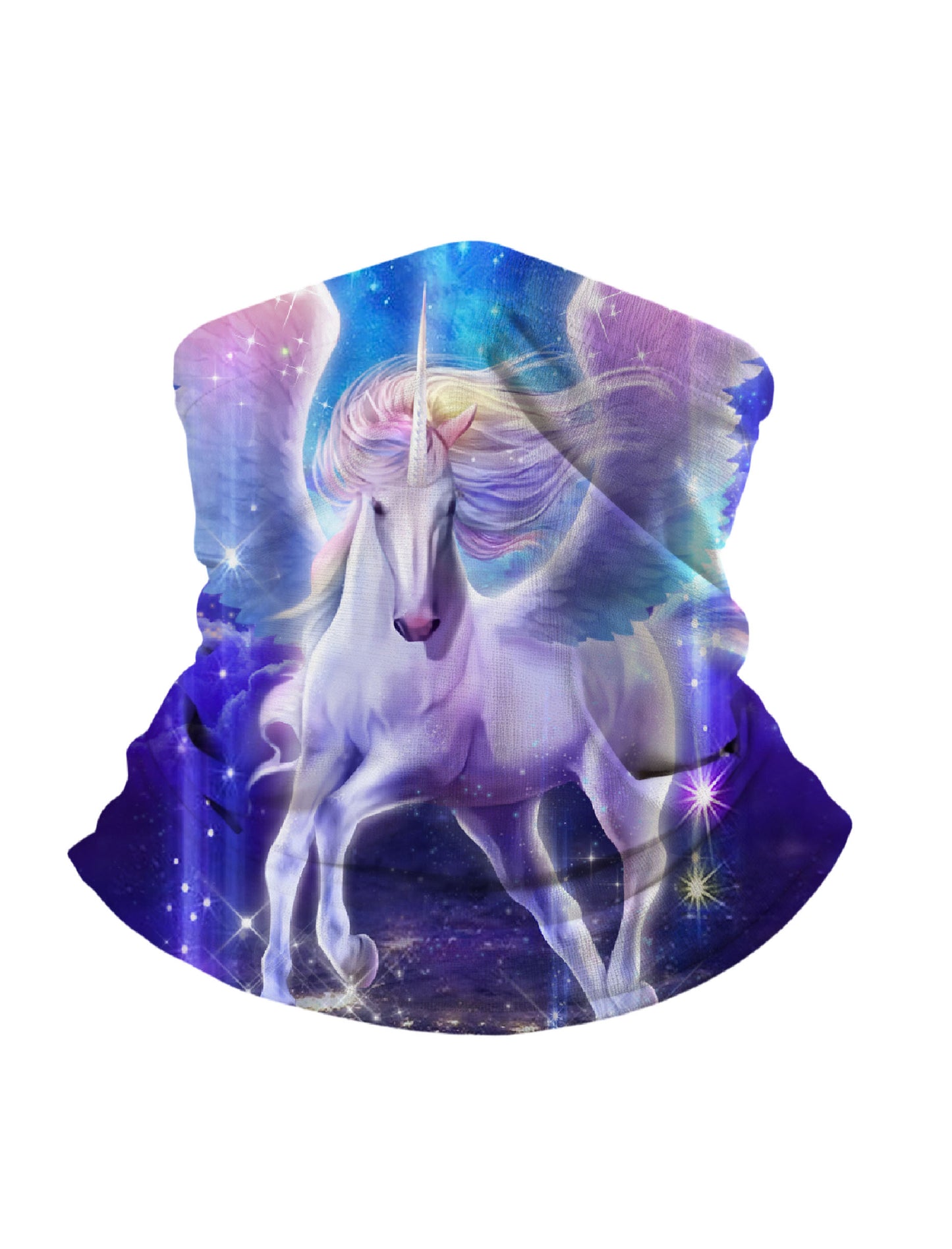 Unisex Neck Gaiter with 3D all over print featuring galaxy nebula unicorn wings, Aesthetic style, breathable fabric, soft stretchy, UV protection for outdoor wear